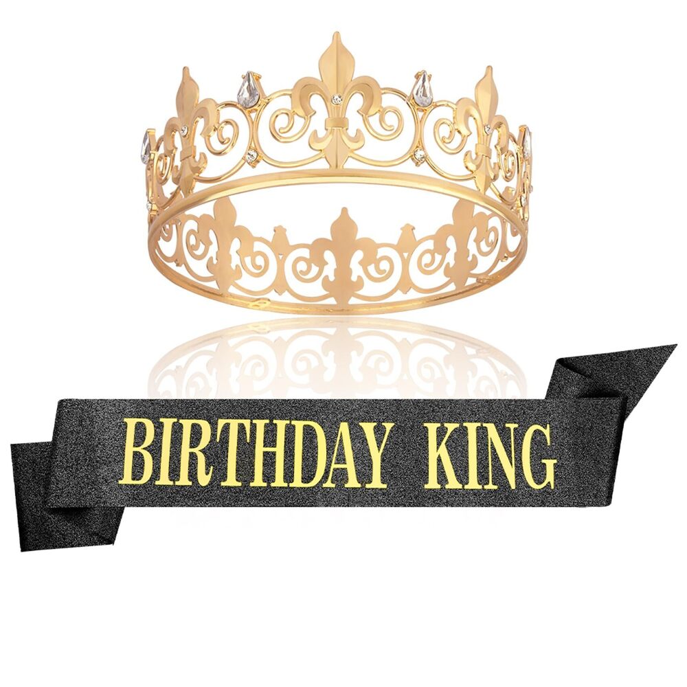 8998 Gold King Crown and Sash , Adult Birthday Decorations, Happy Birthday